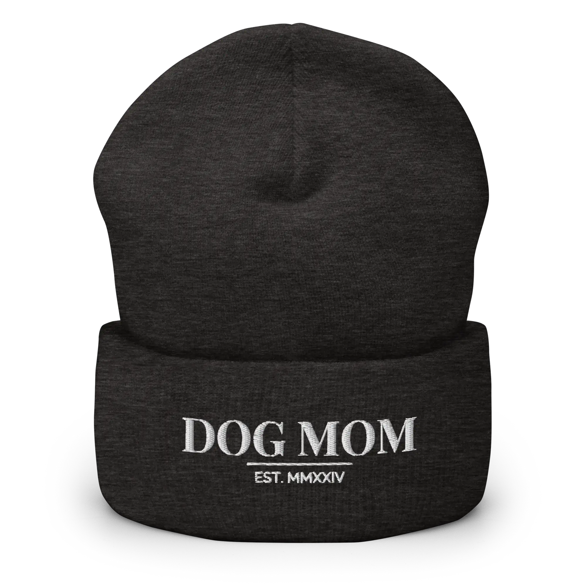 dog mom beanie in dark grey with embroidered logo