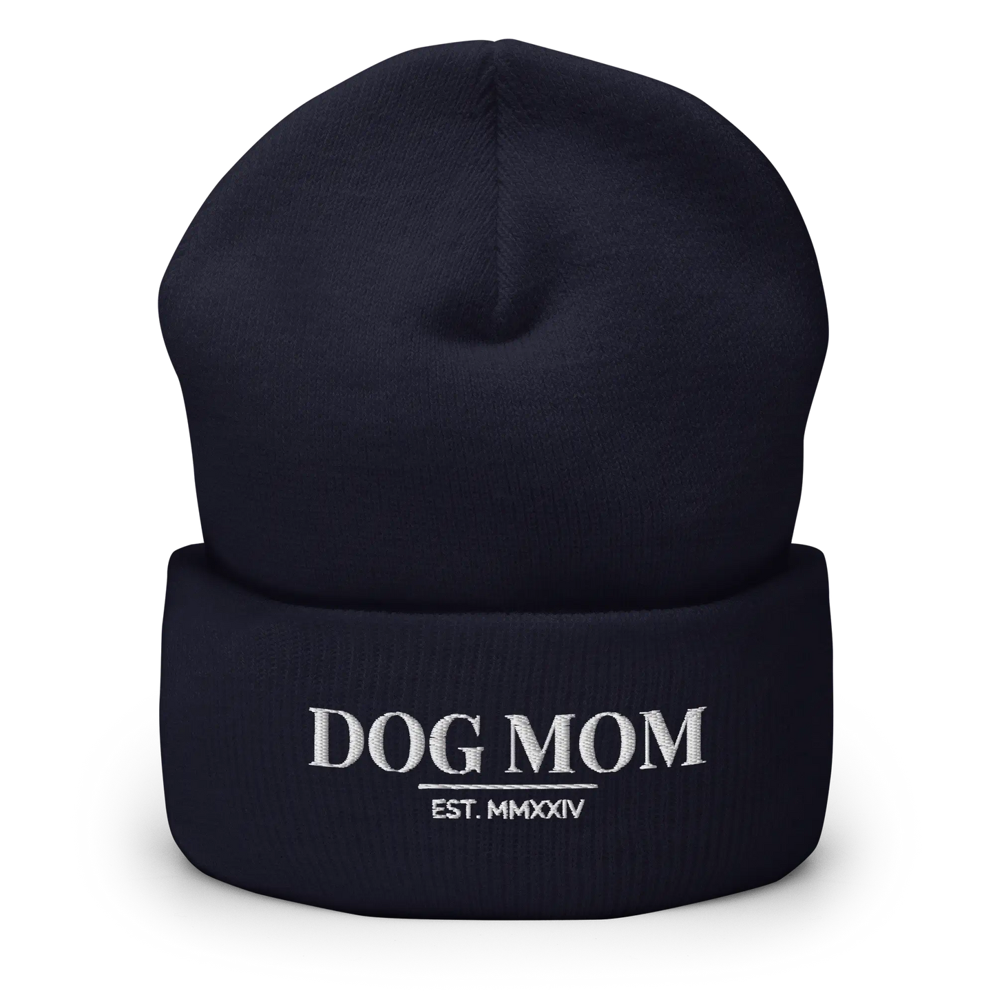 dog mom beanie in navy with embroidered logo
