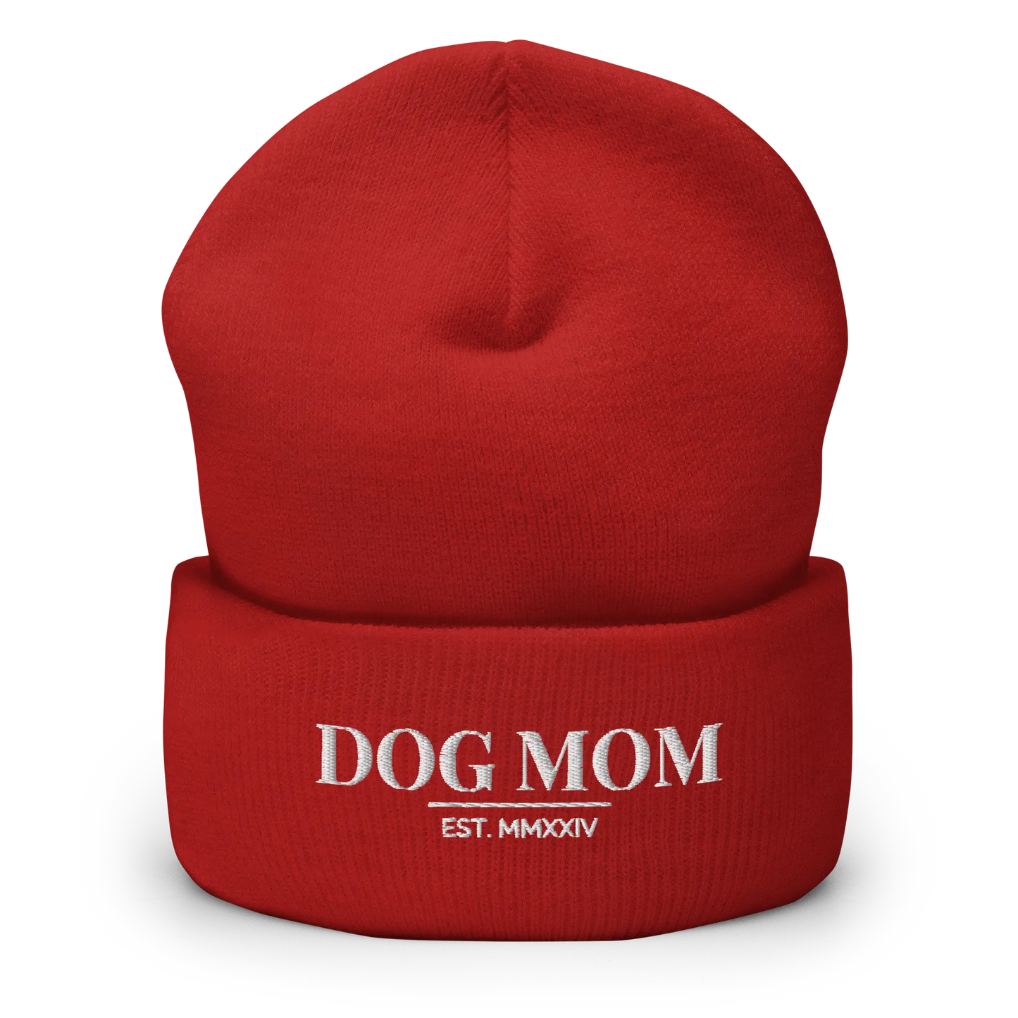 dog mom beanie in red with embroidered logo