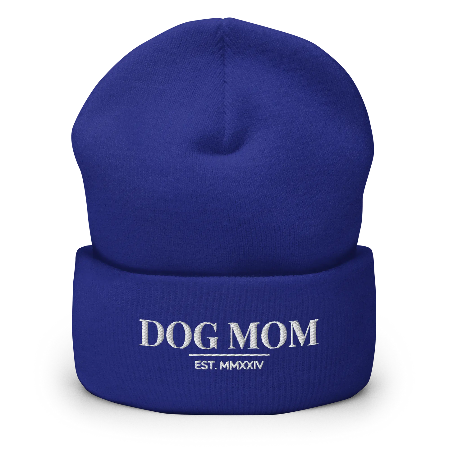 dog mom beanie in blue with embroidered logo