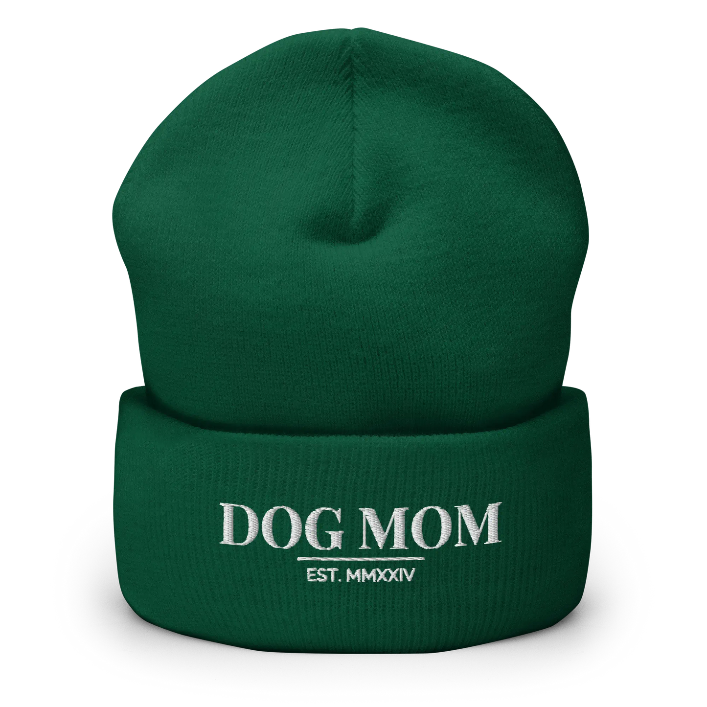 dog mom beanie in green with embroidered logo