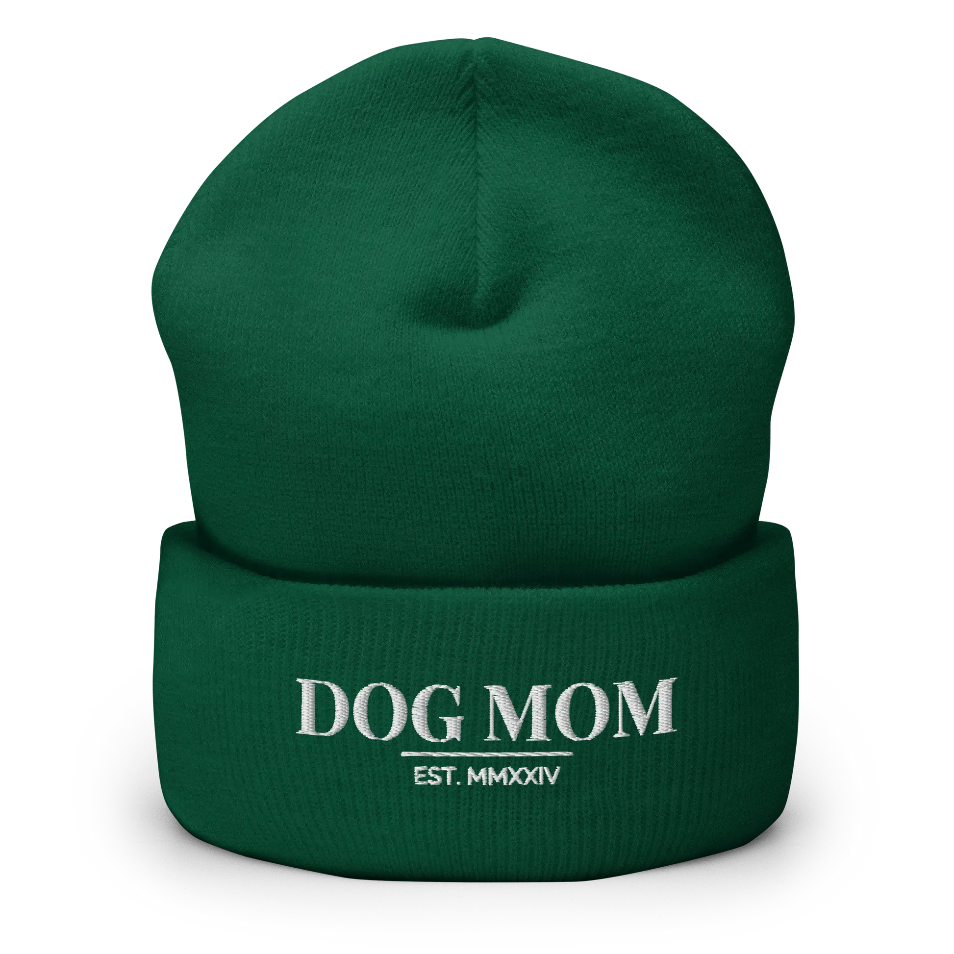 dog mom beanie in green with embroidered logo