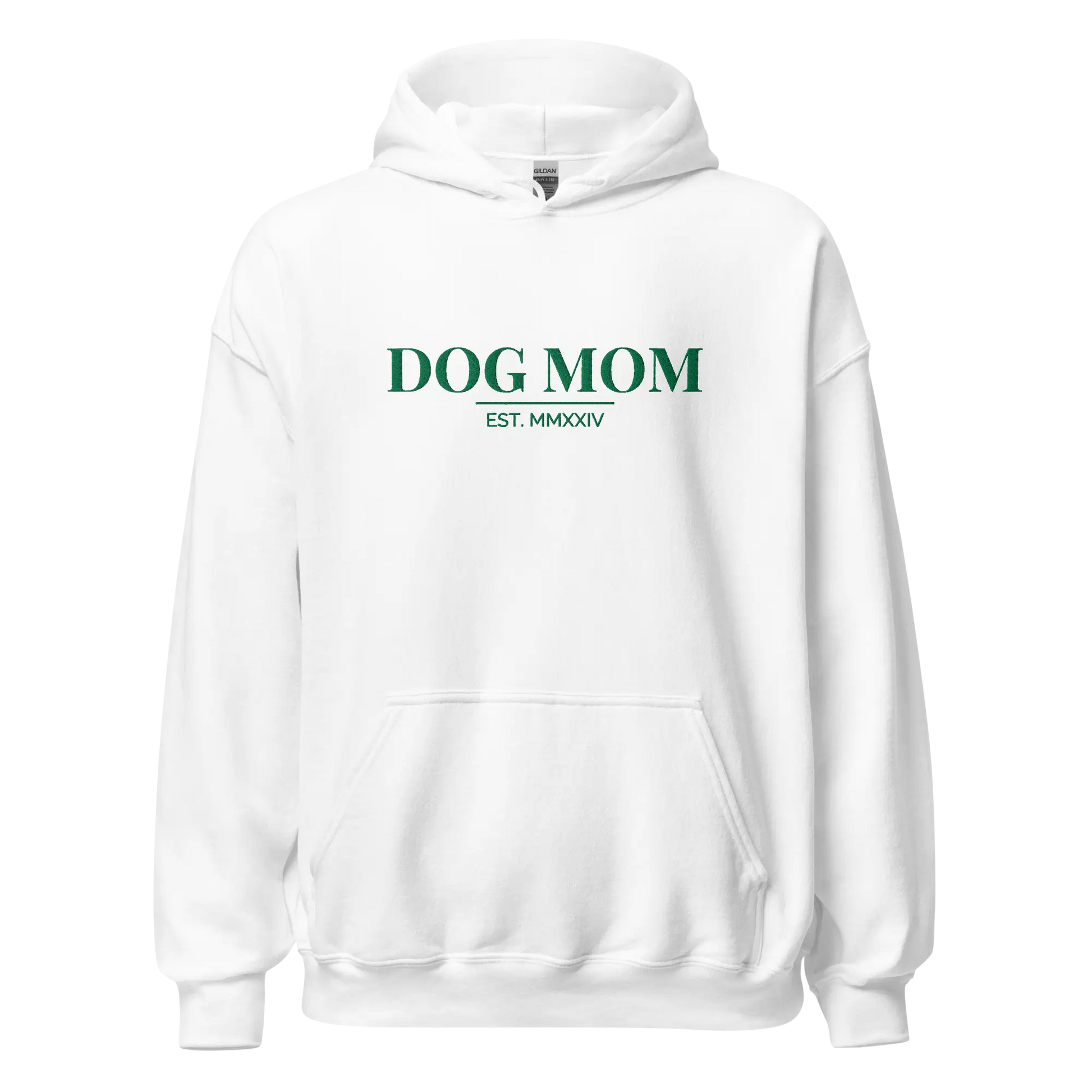 dog mom hoodie in white with embroidered logo