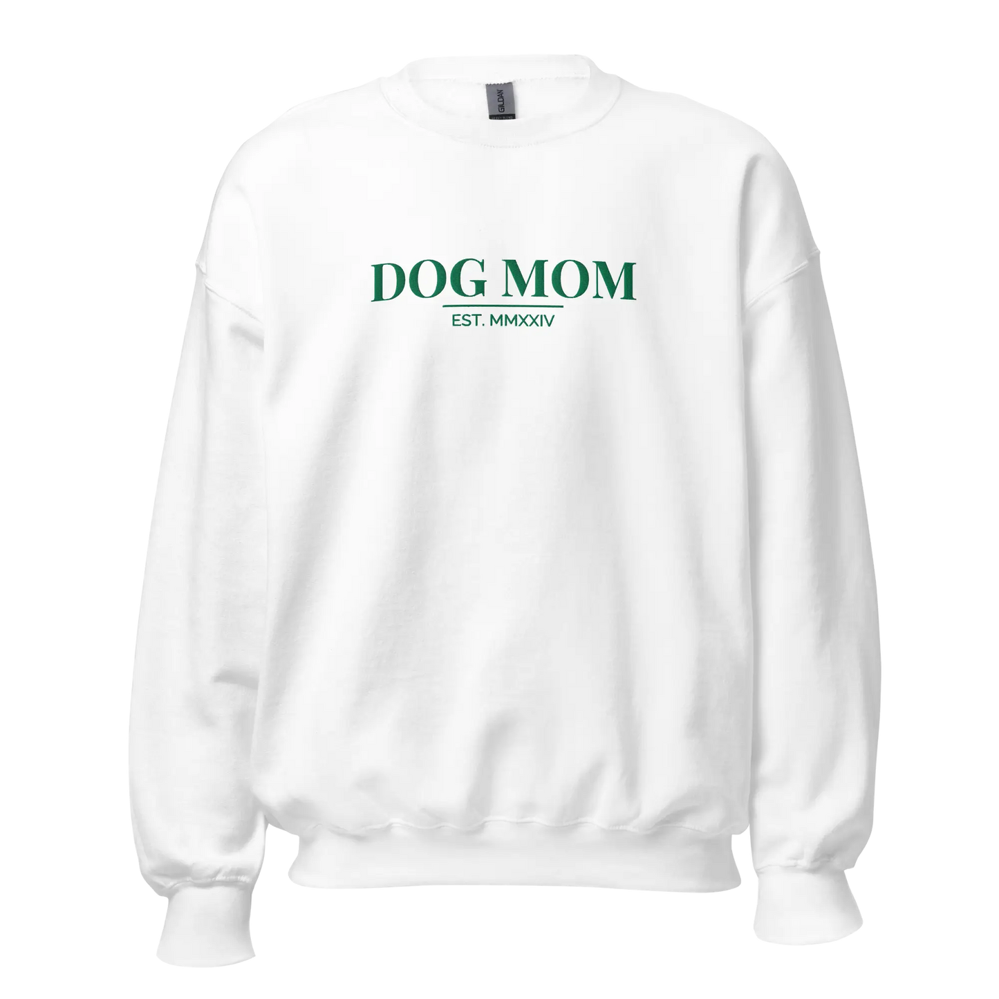 dog mom sweatshirt in white with embroidered logo