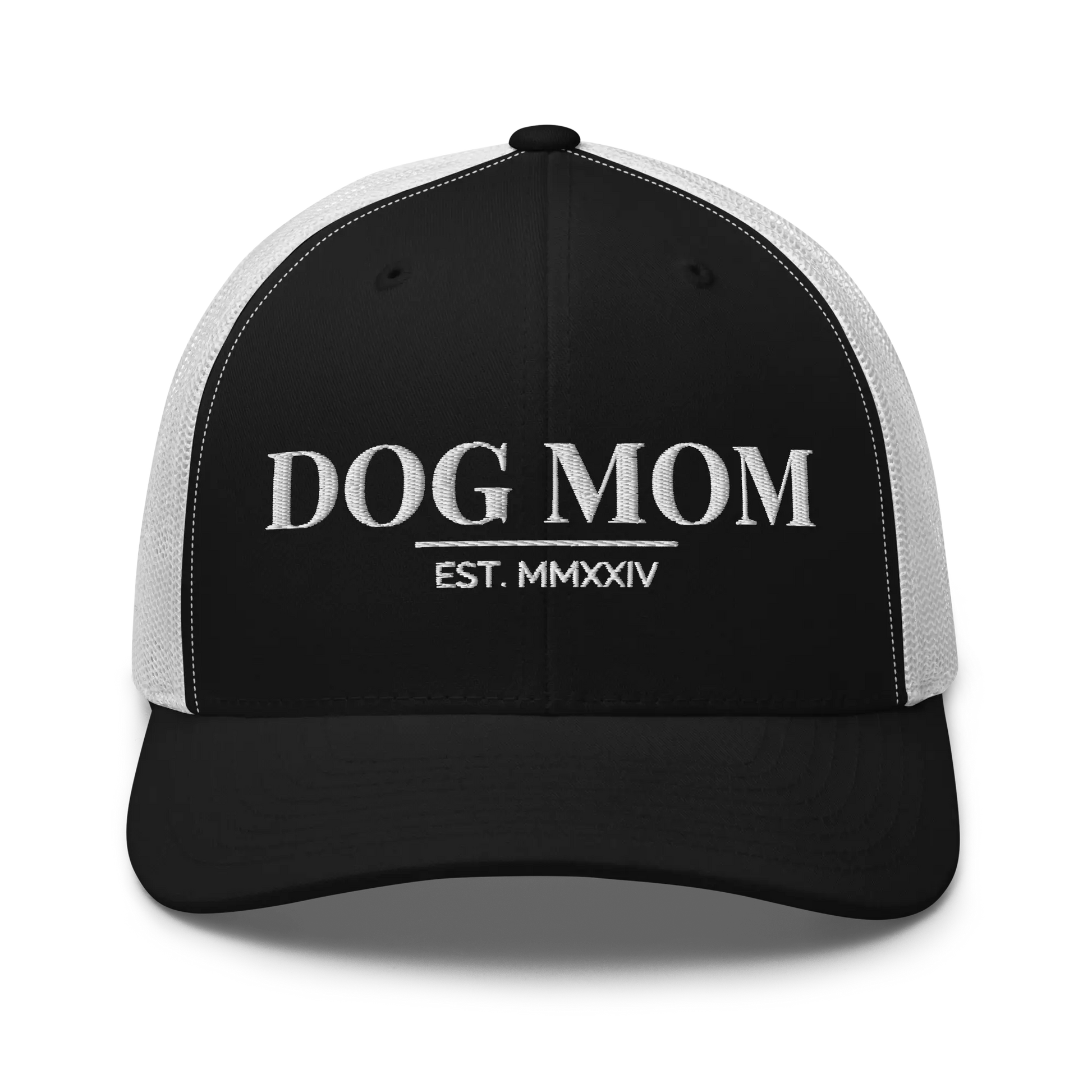 dog mom trucker hat in black and white with embroidered logo