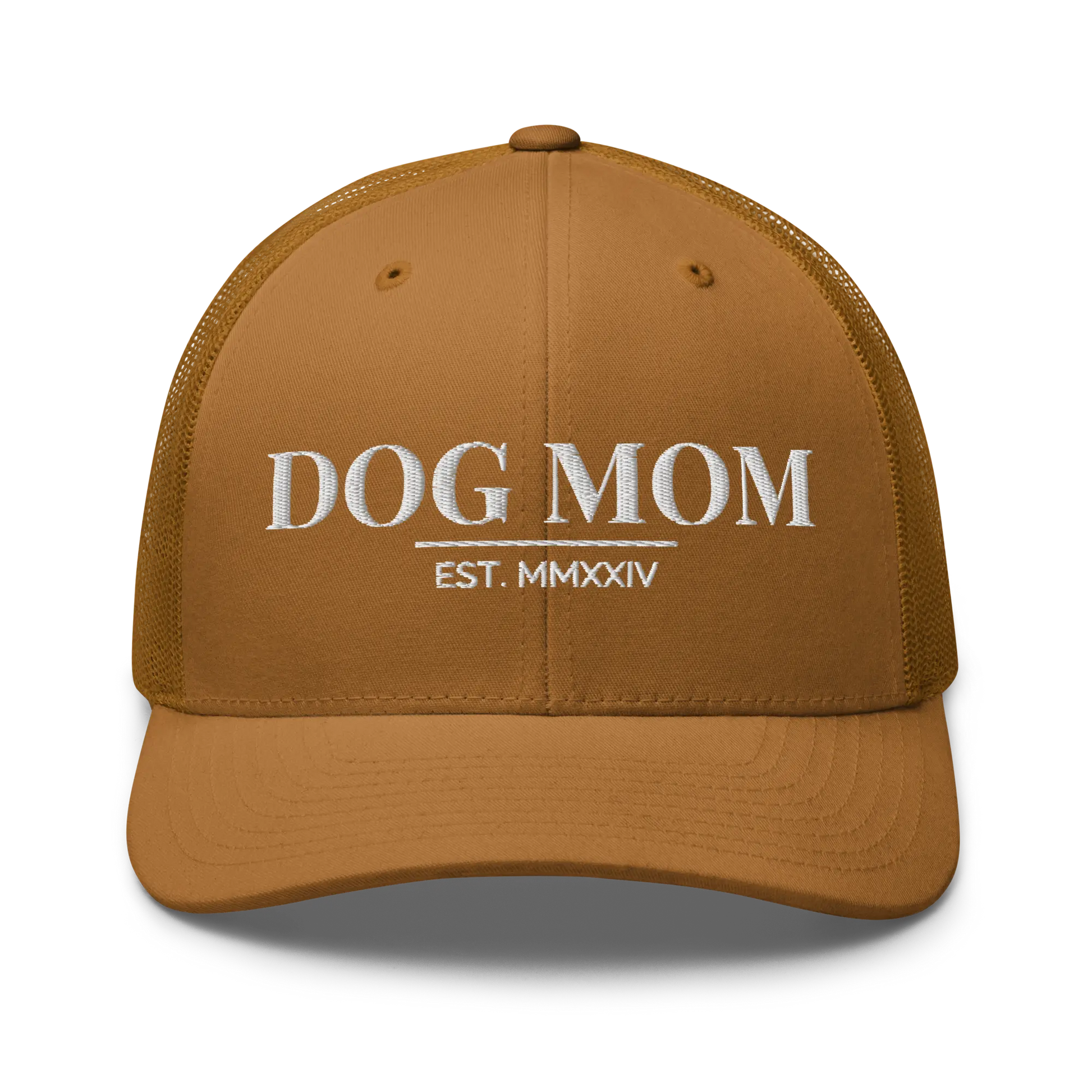 dog mom trucker hat in caramel with embroidered logo