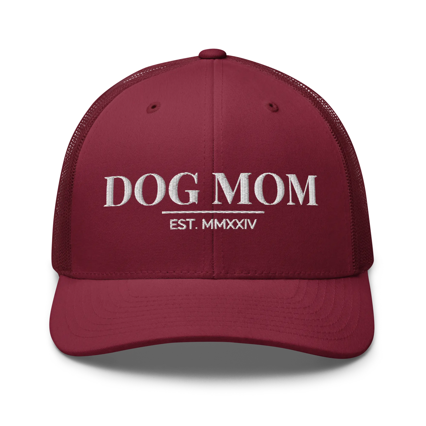 dog mom trucker hat in cranberry with embroidered logo