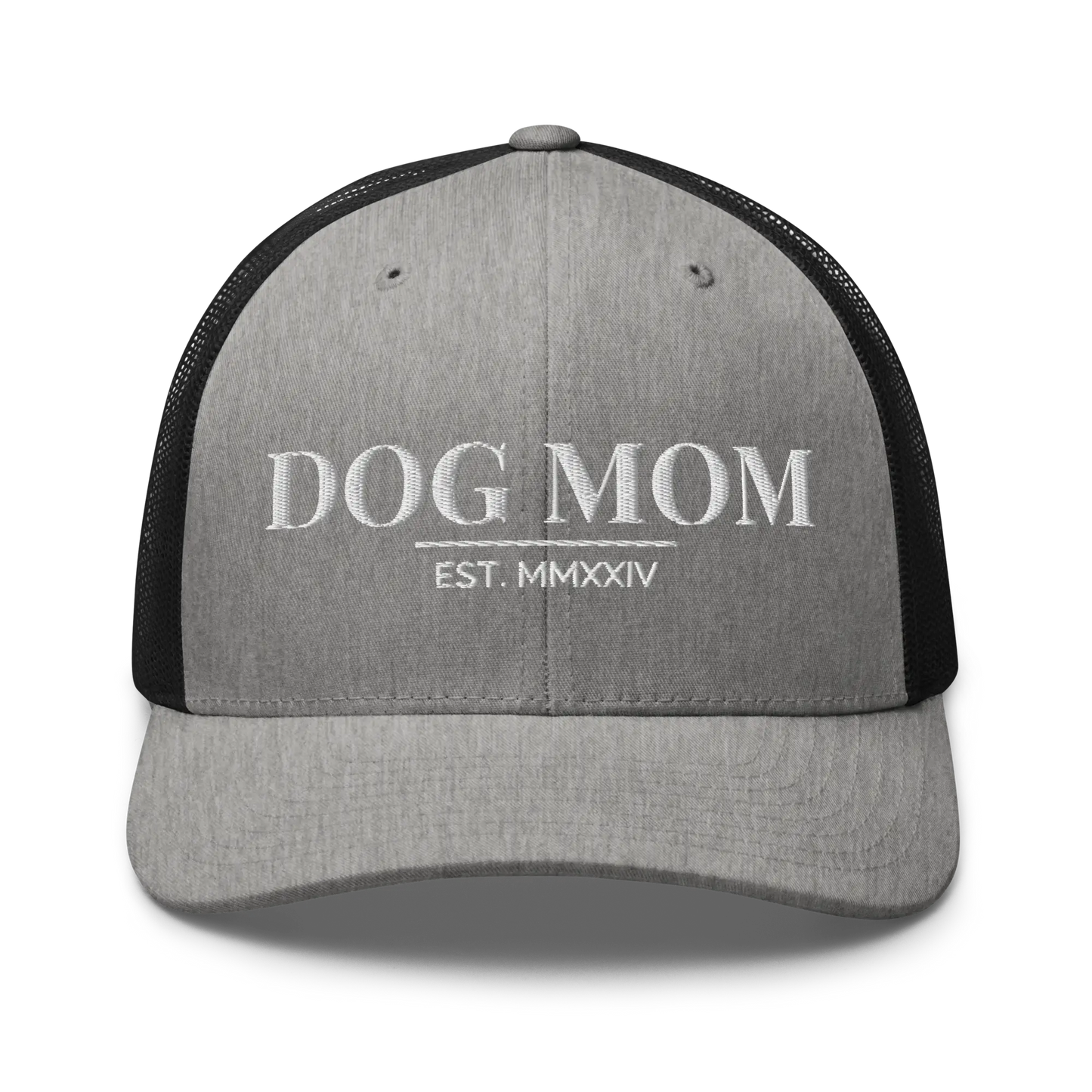 dog mom trucker hat in heather black with embroidered logo