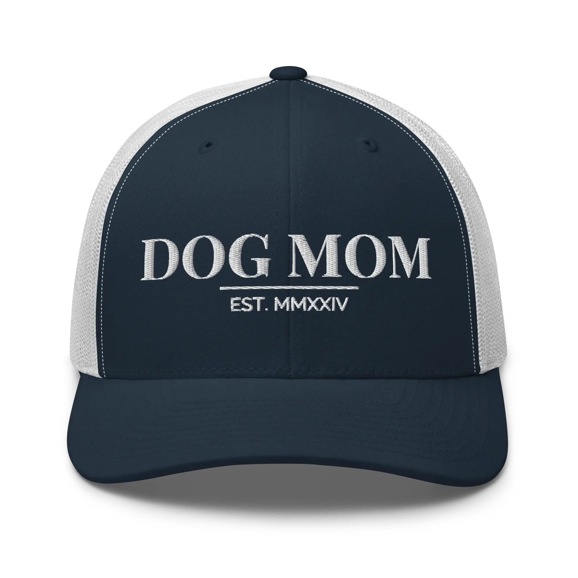 dog mom trucker hat in navy and white with embroidered logo