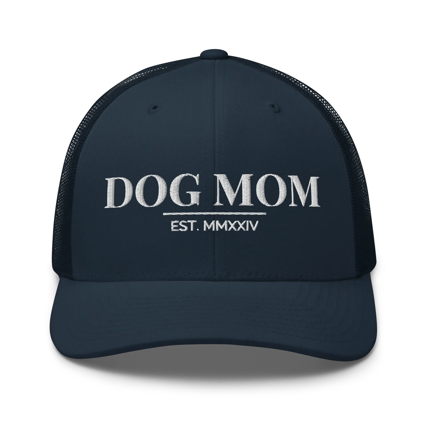 dog mom trucker hat in navy with embroidered logo