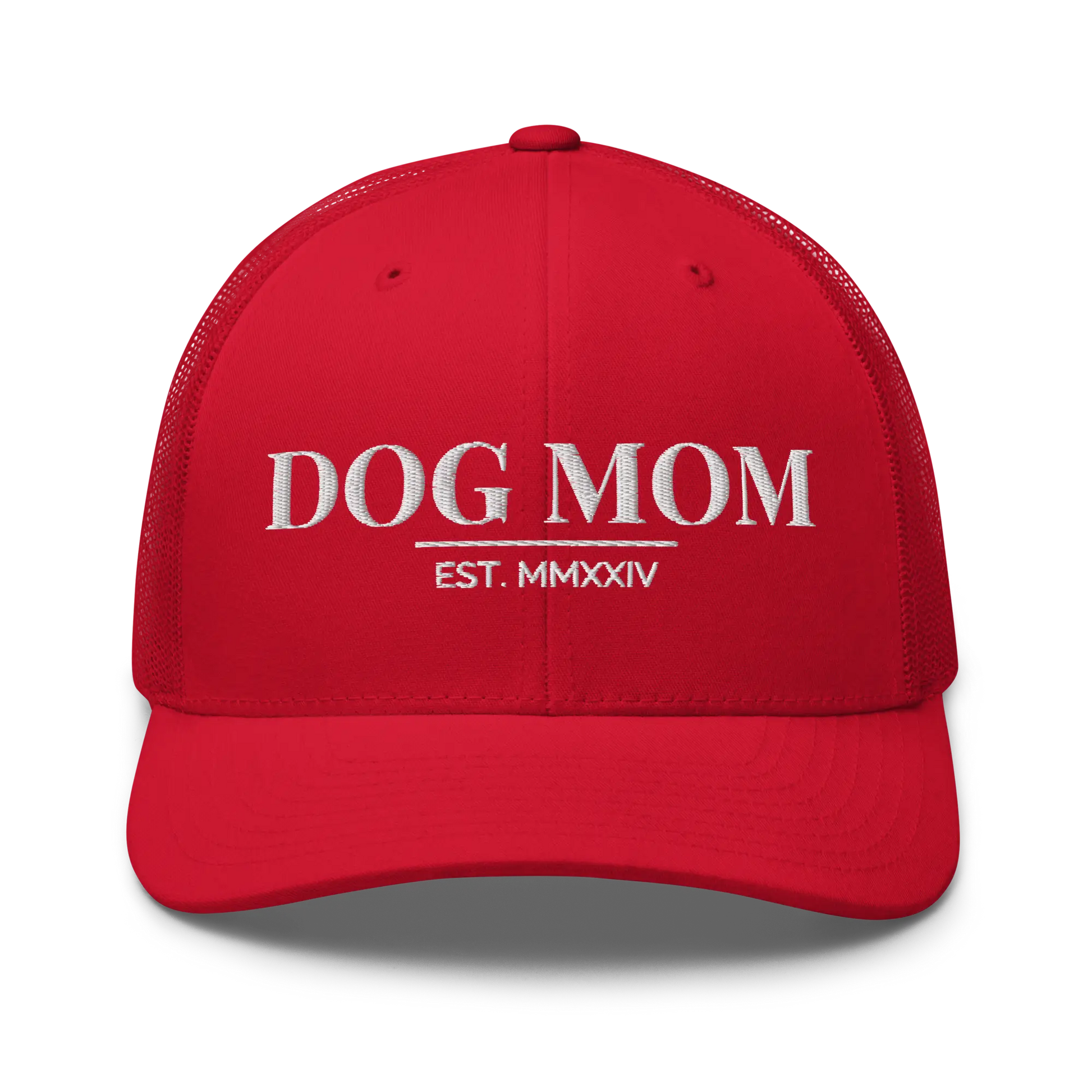 dog mom trucker hat in red with embroidered logo