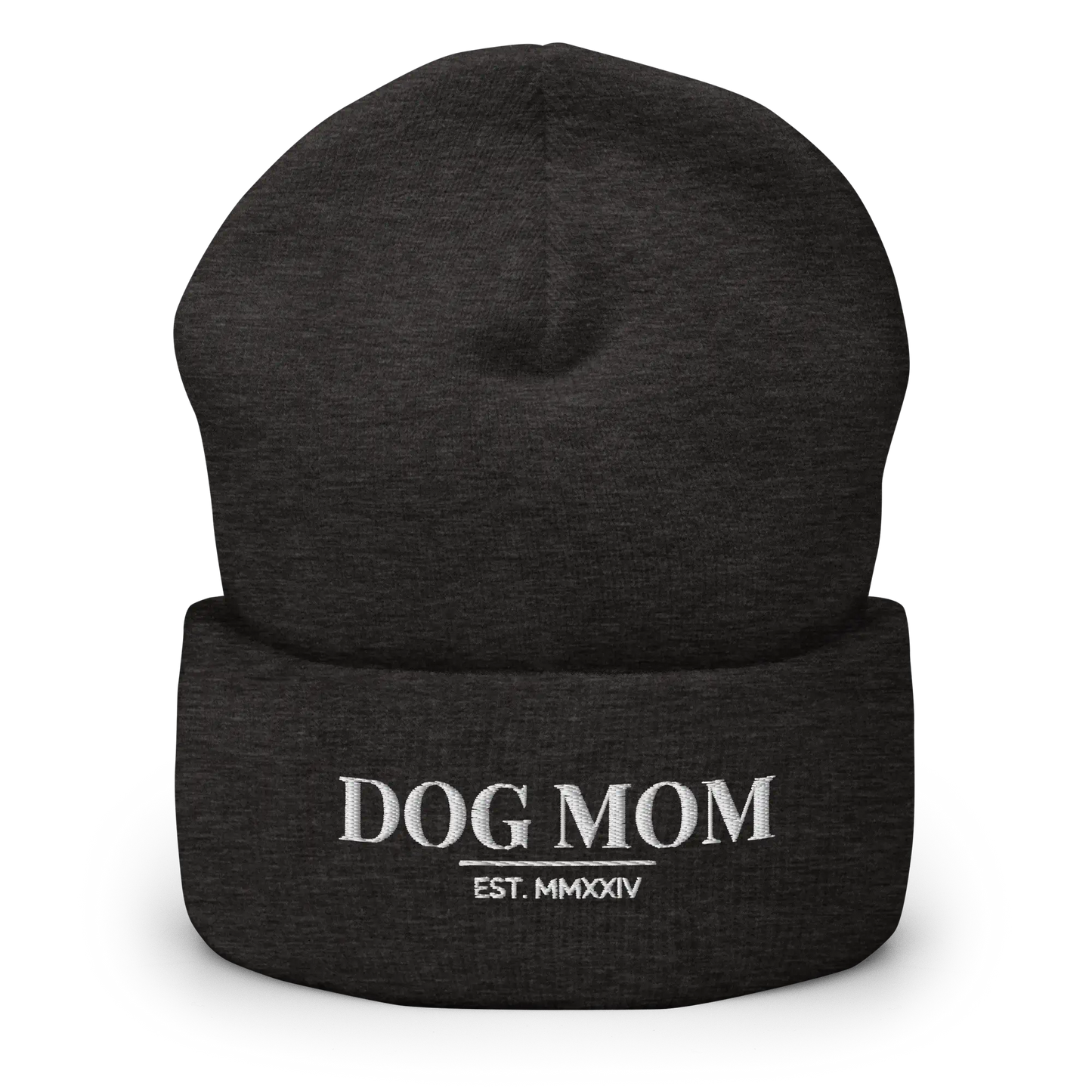 dog mom beanie in dark grey with embroidered logo