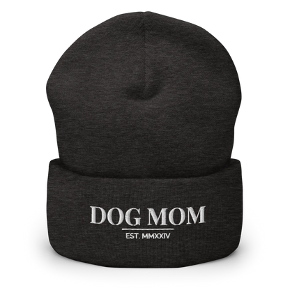 dog mom beanie in dark grey with embroidered logo