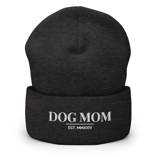 dog mom beanie in dark grey with embroidered logo