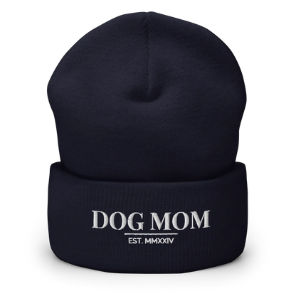 dog mom beanie in navy with embroidered logo