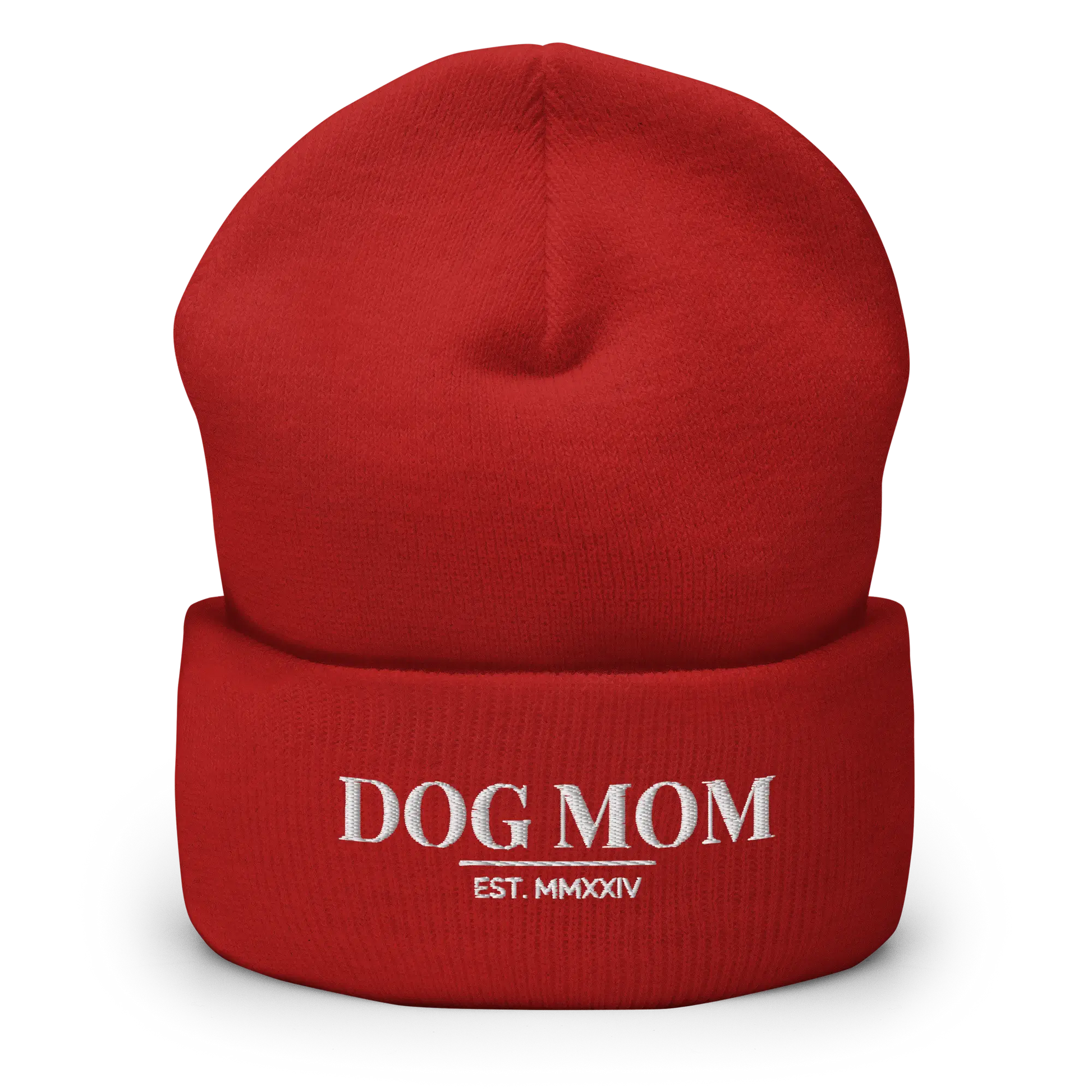 dog mom beanie in red with embroidered logo