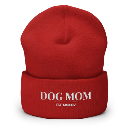 dog mom beanie in red with embroidered logo