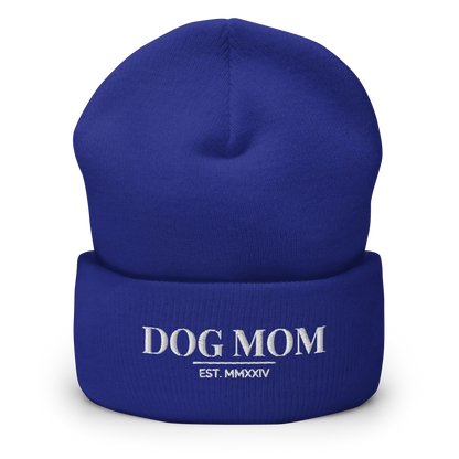 dog mom beanie in blue with embroidered logo
