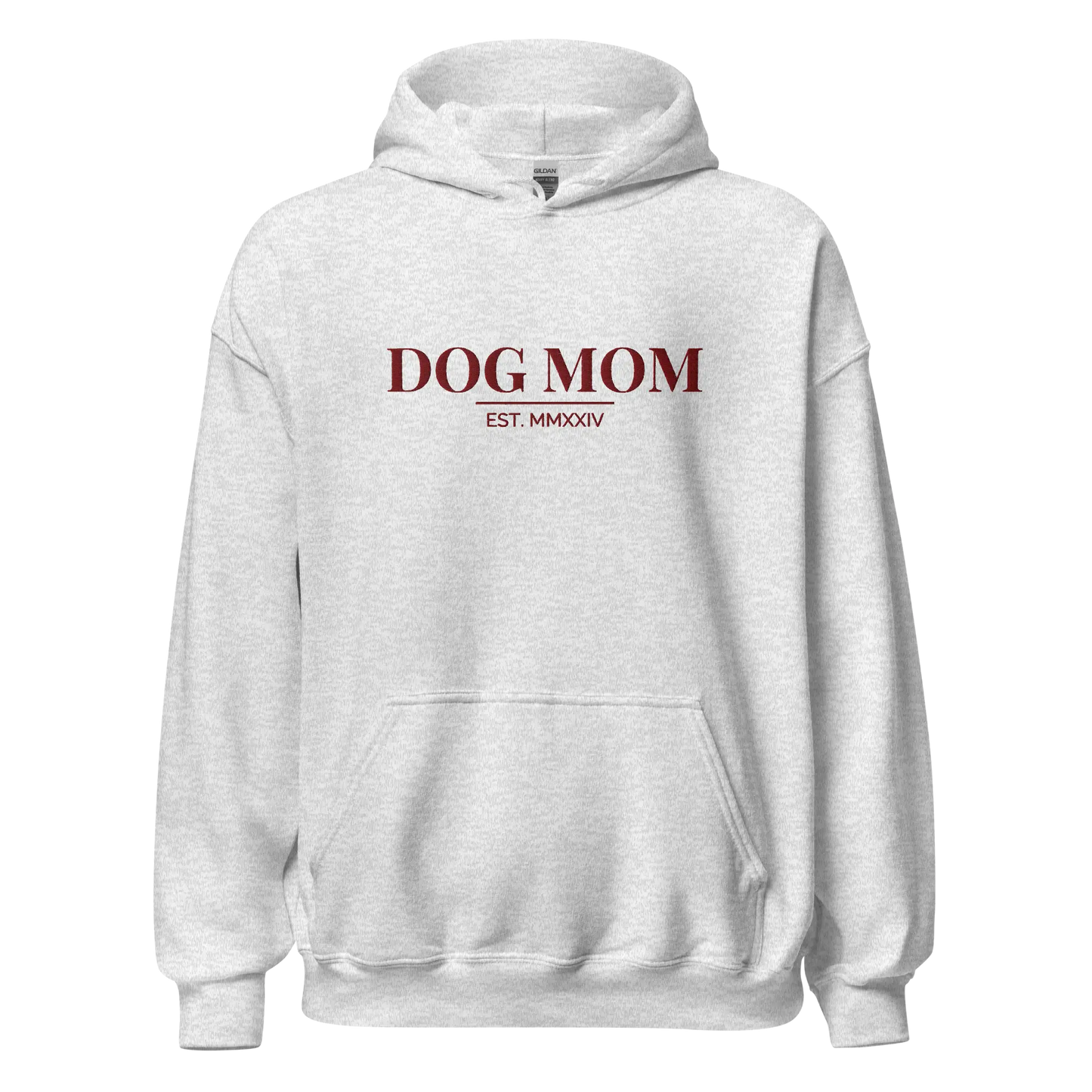 dog mom hoodie in ash with embroidered logo