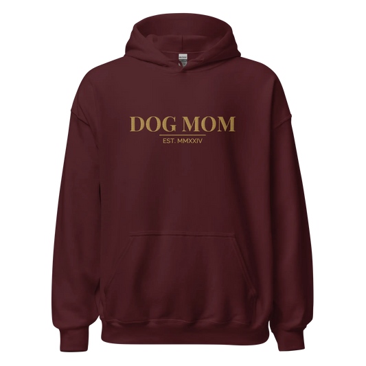 dog mom hoodie in maroon with embroidered logo