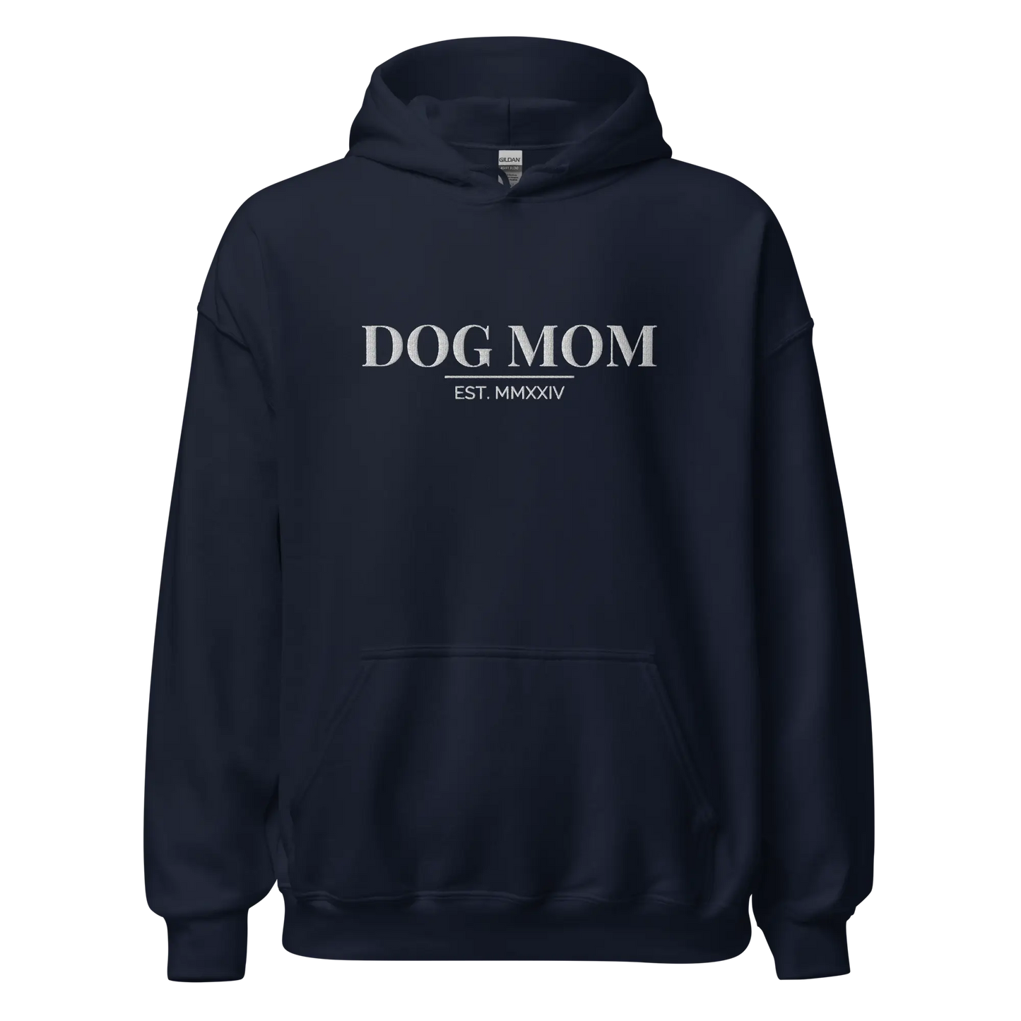 dog mom hoodie in navy with embroidered logo