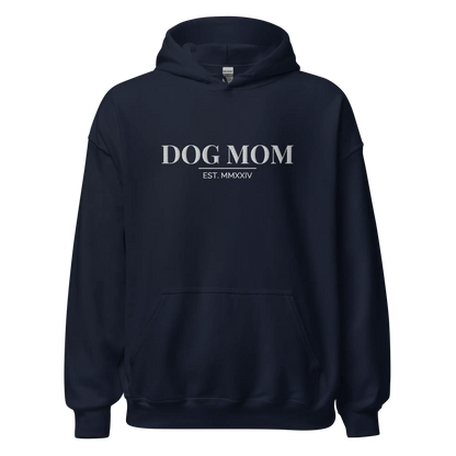 dog mom hoodie in navy with embroidered logo
