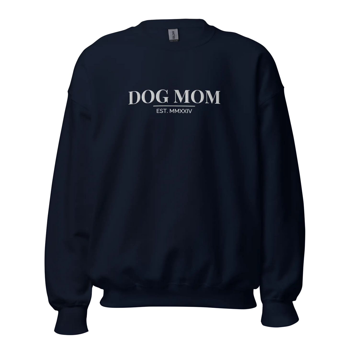 dog mom sweatshirt in navy with embroidered logo