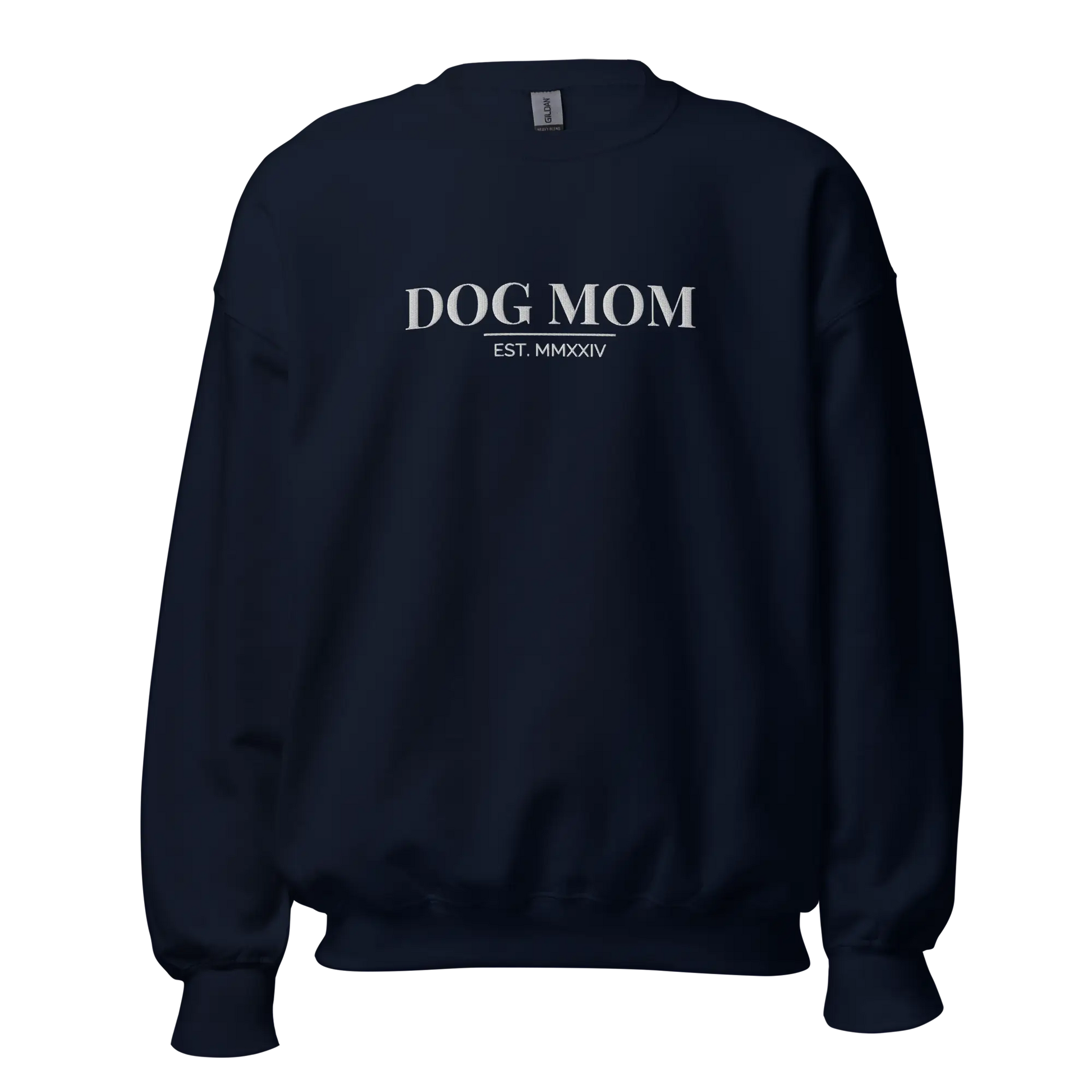 dog mom sweatshirt in navy with embroidered logo