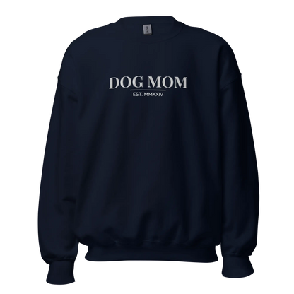 dog mom sweatshirt in navy with embroidered logo