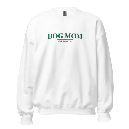 dog mom sweatshirt in white with embroidered logo