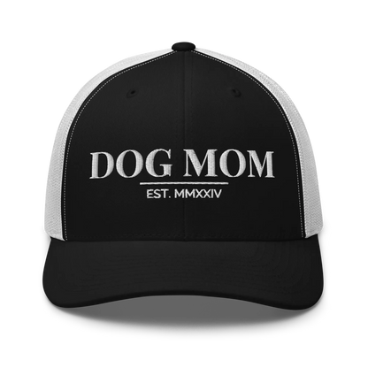 dog mom trucker hat in black and white with embroidered logo
