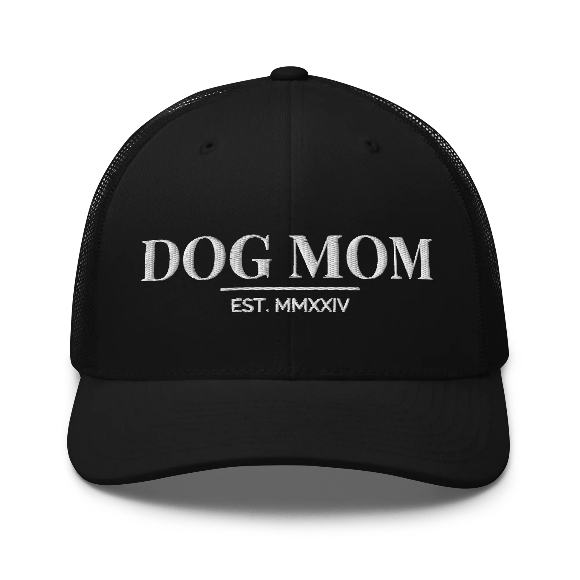 dog mom trucker hat in black with embroidered logo