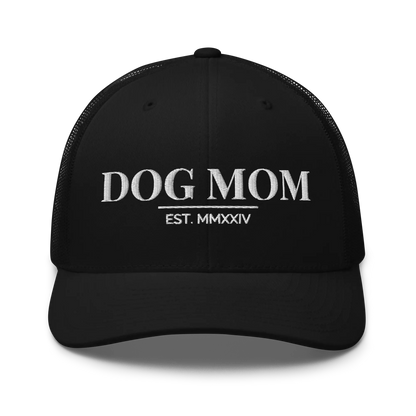 dog mom trucker hat in black with embroidered logo