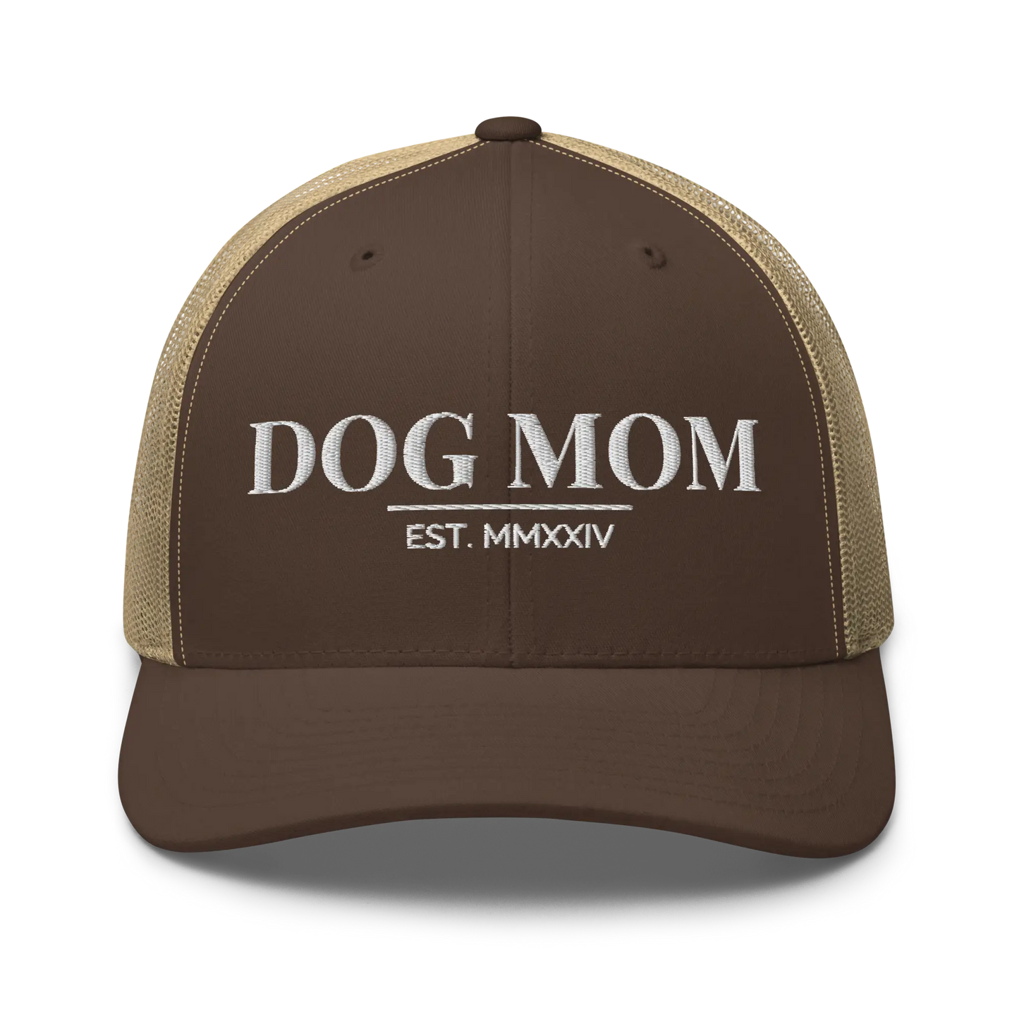 dog mom trucker hat in brown and khaki with embroidered logo