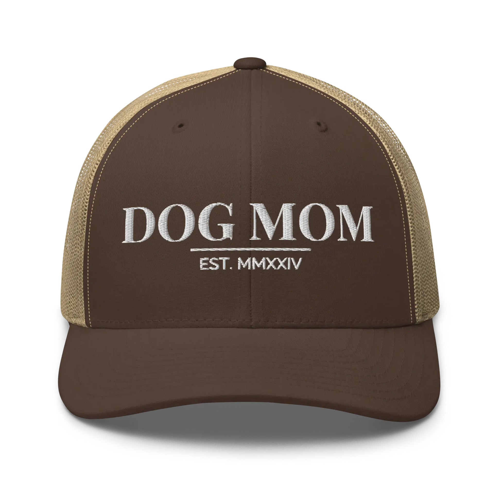 dog mom trucker hat in brown and khaki with embroidered logo
