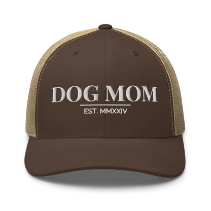 dog mom trucker hat in brown and khaki with embroidered logo