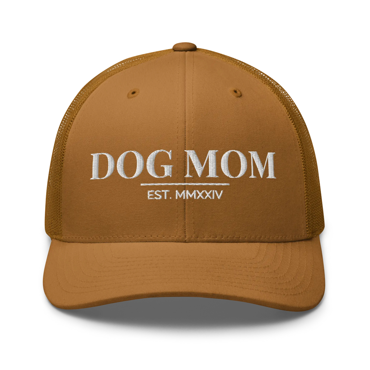 dog mom trucker hat in caramel with embroidered logo
