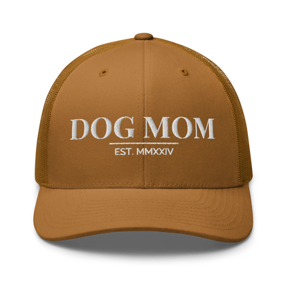 dog mom trucker hat in caramel with embroidered logo