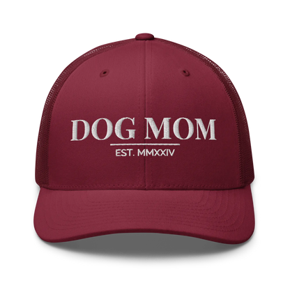 dog mom trucker hat in cranberry with embroidered logo
