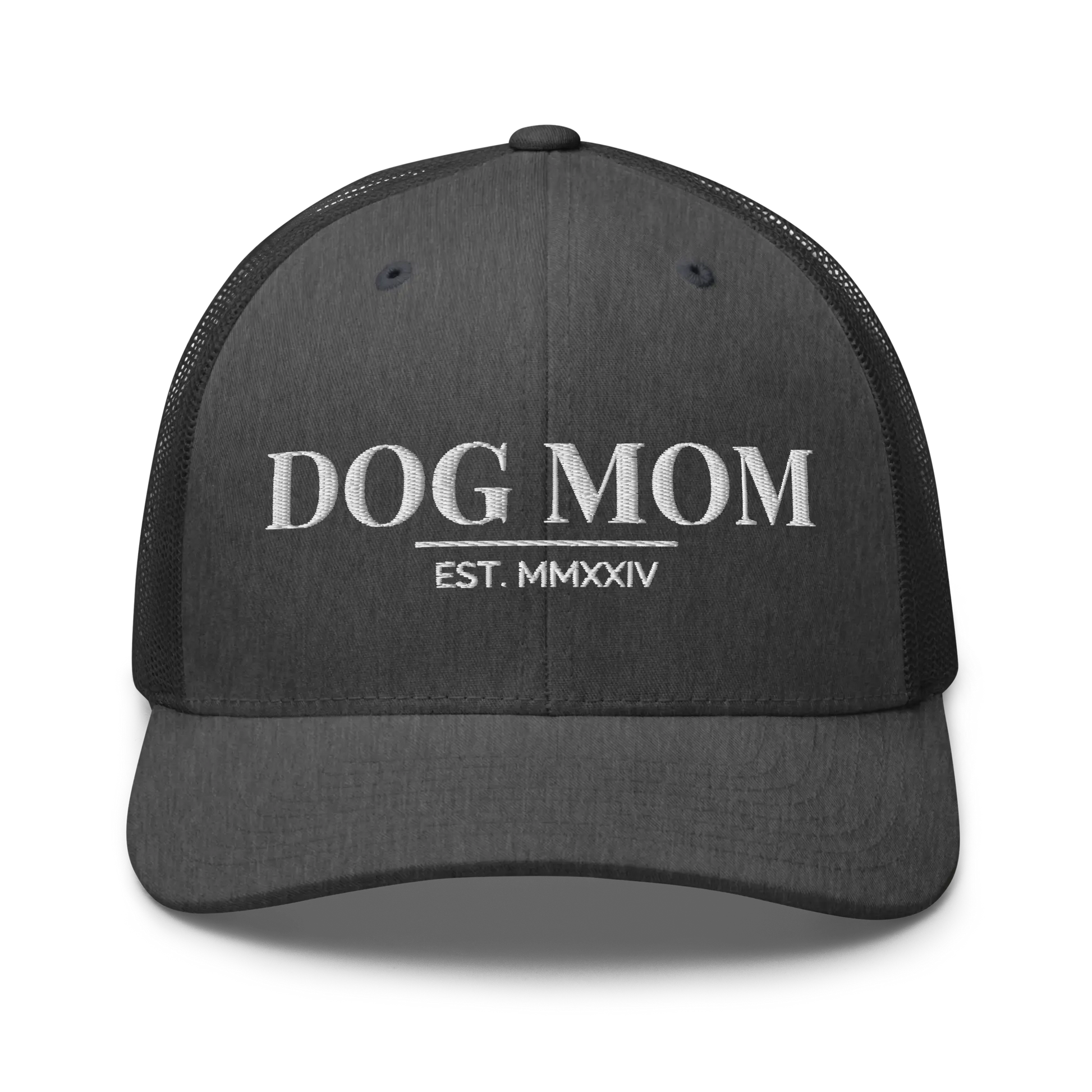 dog mom trucker hat in dark heather gray with embroidered logo