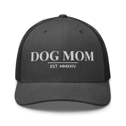 dog mom trucker hat in dark heather gray with embroidered logo