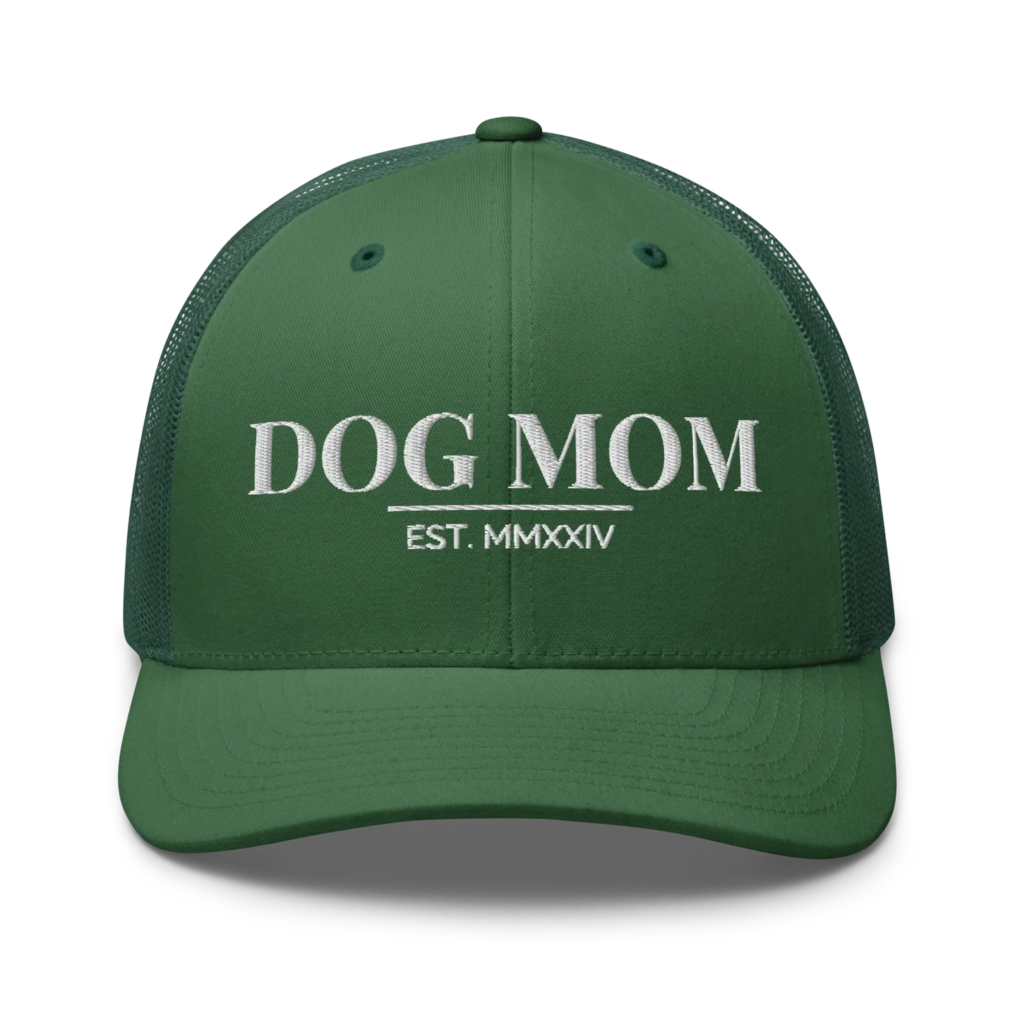 dog mom trucker hat in evergreen with embroidered logo
