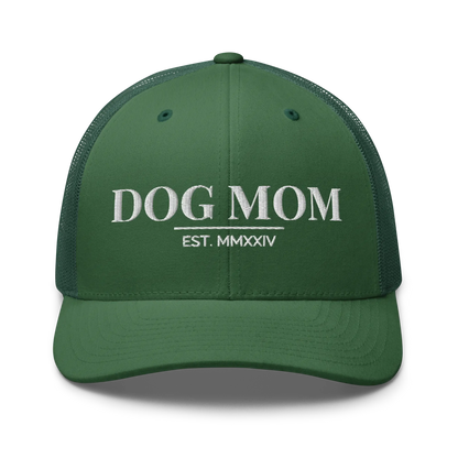 dog mom trucker hat in evergreen with embroidered logo