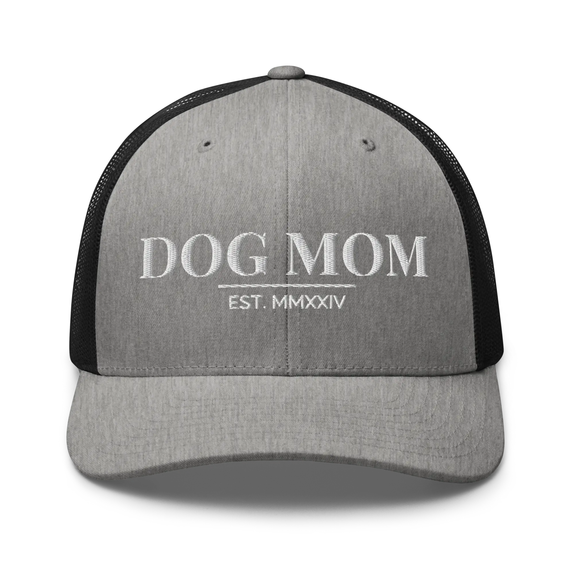 dog mom trucker hat in heather black with embroidered logo
