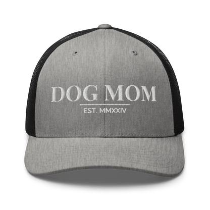 dog mom trucker hat in heather black with embroidered logo