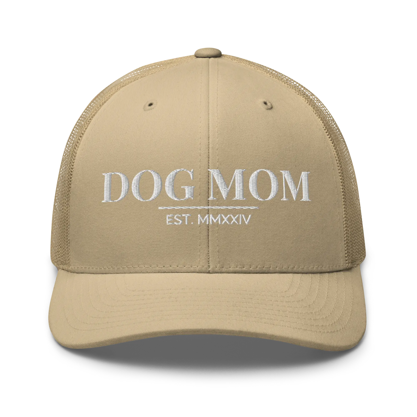 dog mom trucker hat in khaki with embroidered logo