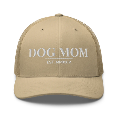 dog mom trucker hat in khaki with embroidered logo