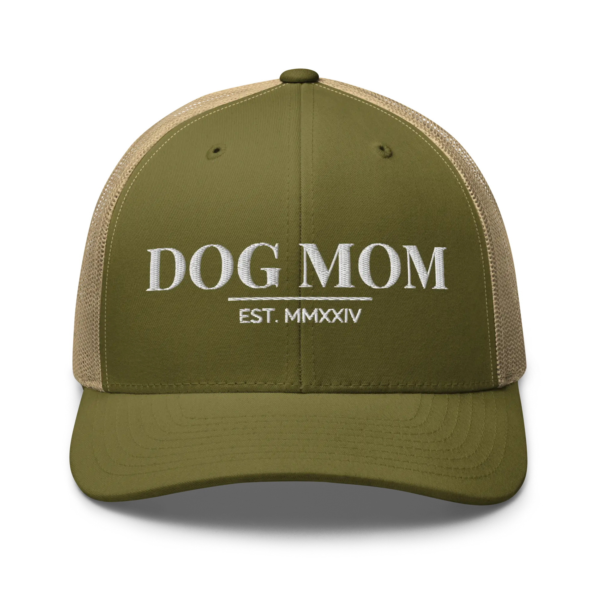 dog mom trucker hat in moss and khaki with embroidered logo