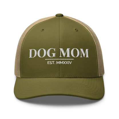 dog mom trucker hat in moss and khaki with embroidered logo