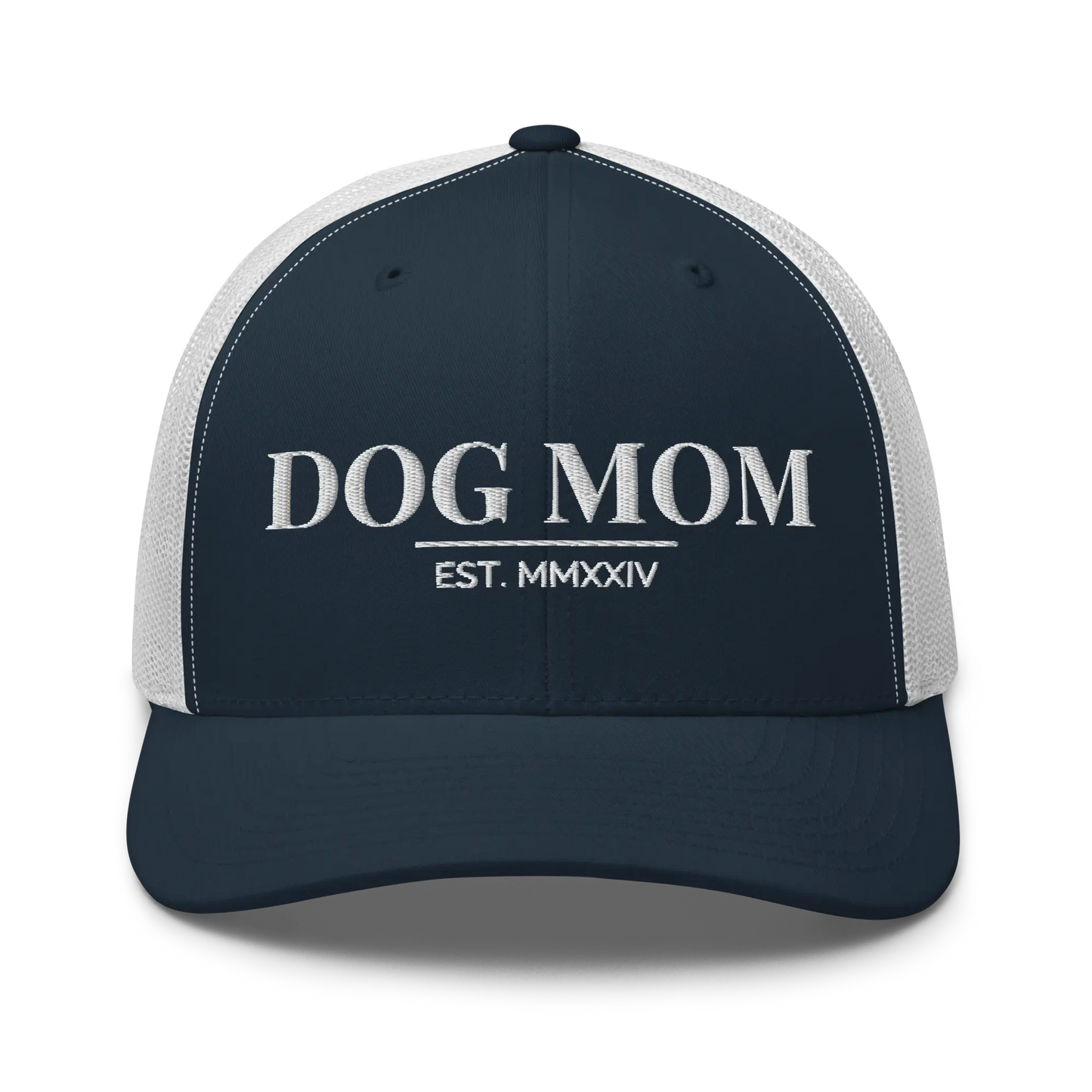 dog mom trucker hat in navy and white with embroidered logo